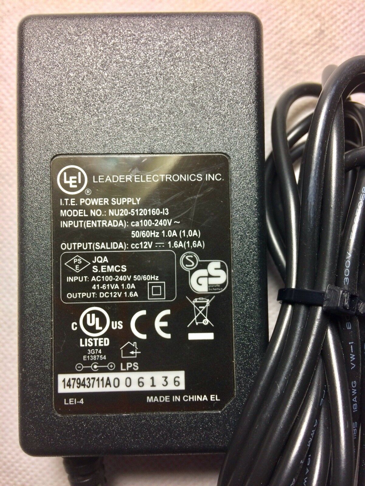 *Brand NEW* LEI NU20-5120160-13 12V 1.6A AC Power SUPPLY CHARGER - Click Image to Close